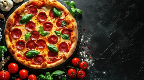Pepperoni pizza on dark background. Top view, copy space. Pepperoni. Cheese Pull. Pepperoni Pizza on a Background with copyspace.