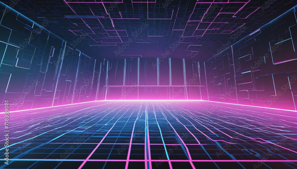 Retro Futuristic 80s Grid Landscape with Synthwave Wireframe Illustration Retro Futuristic 80s Grid Landscape with Synthwave Wireframe Illustration