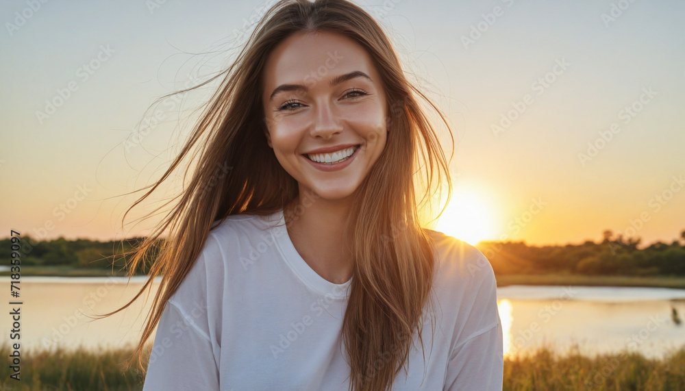 Smiling young woman enjoys sunset in natural setting Smiling young woman enjoys sunset in natural setting