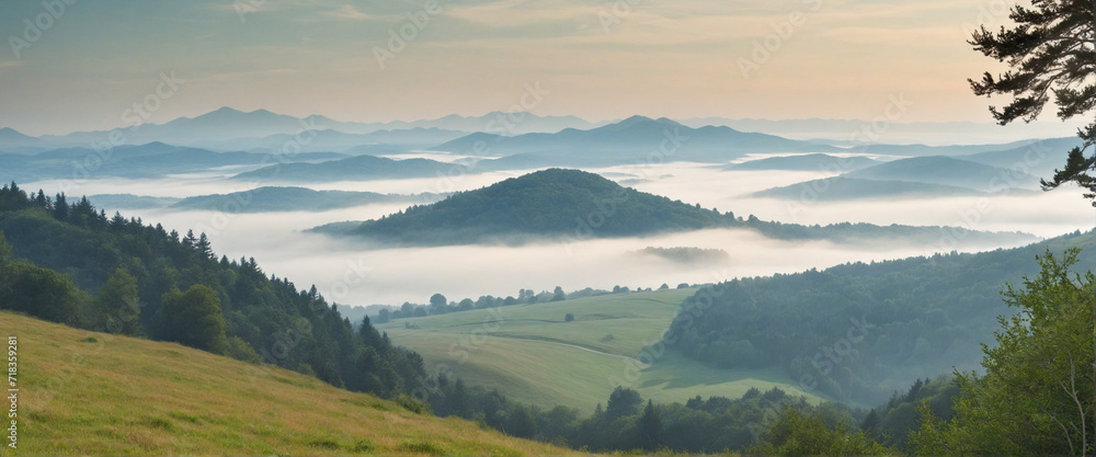 Foggy Hills and Wooded Mountains