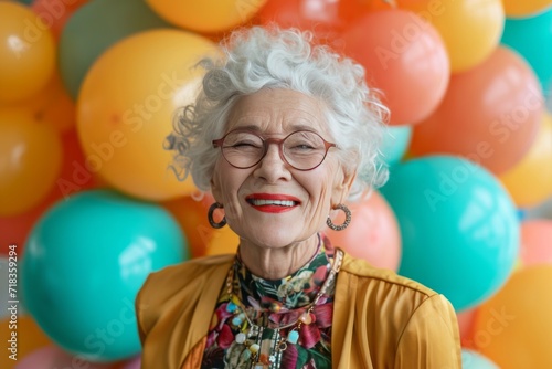 Stylish senior lady in glasses and elegant attire, beaming amid vibrant balloons at a nerdy party.generative ai