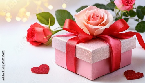Pink gift box with beautiful red ribbon and rose  concept of Valentine s  anniversary  mother s day and birthday greeting