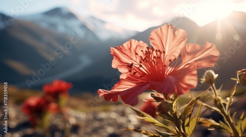  a close up of a flower in the foreground with a mountain in the back ground and a sky in the background.