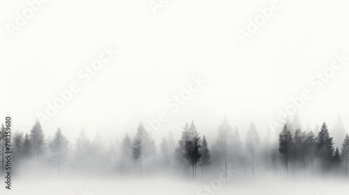  a black and white photo of a foggy forest with trees in the foreground and a white sky in the background. © Anna