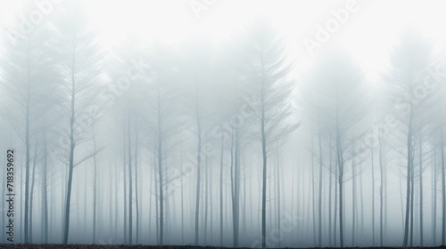  a foggy forest with trees in the foreground and a patch of grass in the middle of the foreground.
