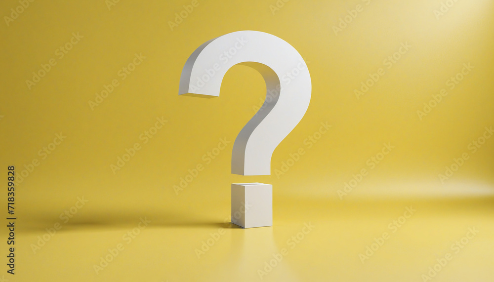 Yellow background with white question mark in 3D. Reflective wall and floor surface. Ample space for text. Yellow background with white question mark in 3D. Reflective wall and floor surface. Ample space for text.