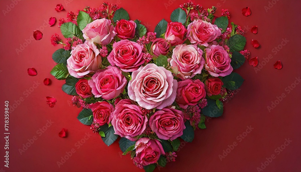Valentines Day Heart Made of pink Roses Isolated on red Background. Valentines Day Heart Made of pink Roses Isolated on red Background.