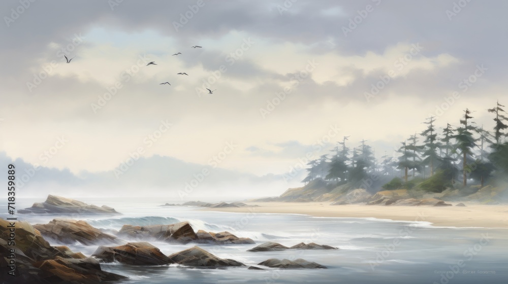 Obraz premium a painting of birds flying over a body of water next to a rocky shore with pine trees on a cloudy day.