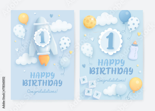 Number 1 birthday celebration greeting card or banner set with realistic cartoon rocket and helium balloons on blue background. Happy birthday invitation template for baby boy