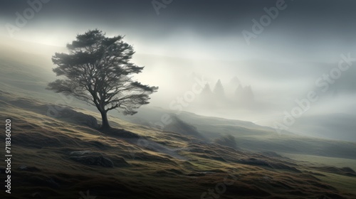  a lone tree sitting on top of a lush green hillside under a foggy sky on a foggy day.
