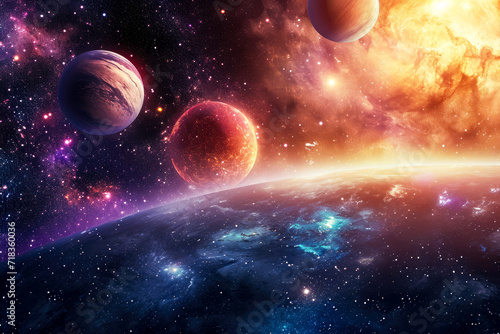 cosmic and otherworldly background with planets and galaxies.