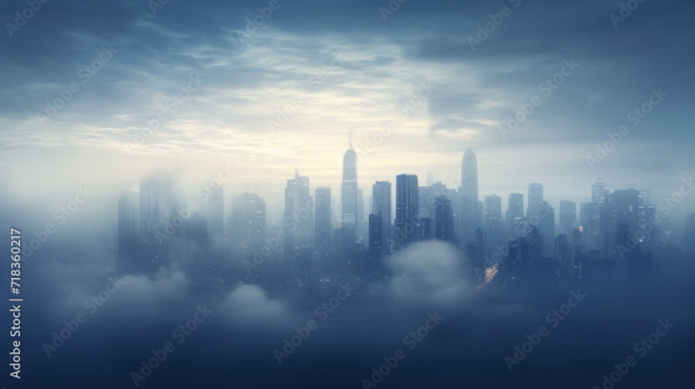  a view of a city in the distance with clouds in the foreground and a blue sky in the background.