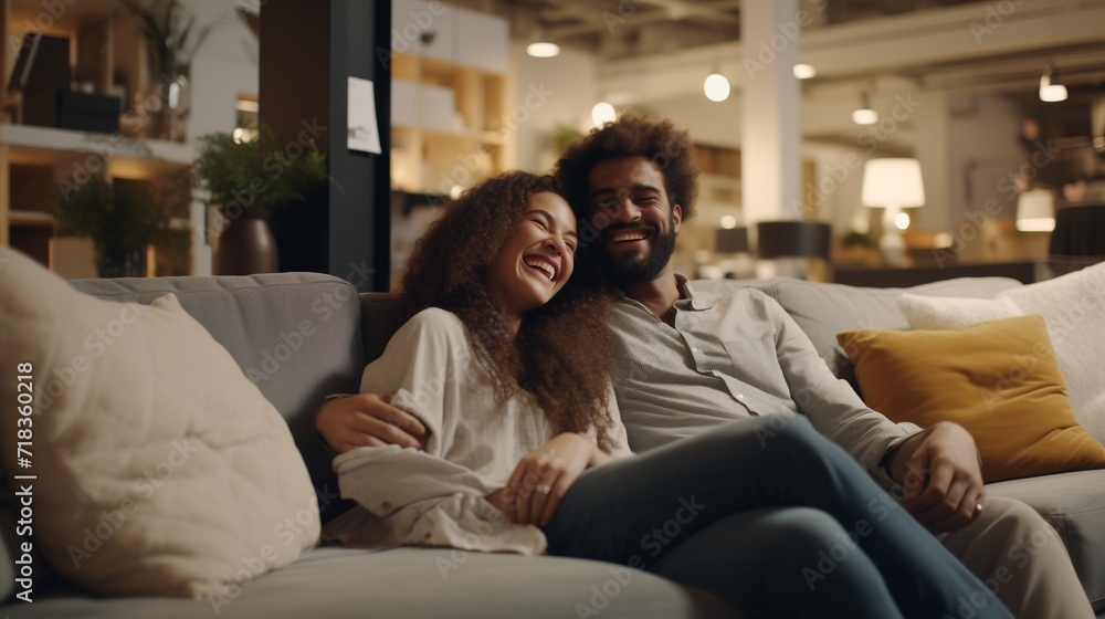 Funny photograph of a smiling or laughing couple relaxing on a couch on display in a furniture store, testing the sofa they forgot they are not at home, customers enjoying this shopping experience - obrazy, fototapety, plakaty 