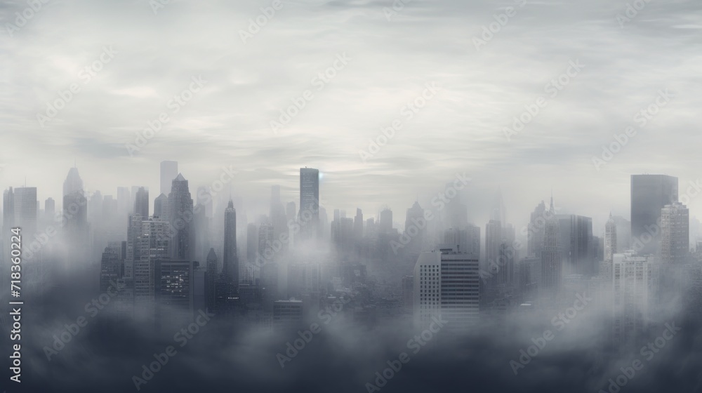  a foggy cityscape with skyscrapers in the foreground and a few clouds in the foreground.