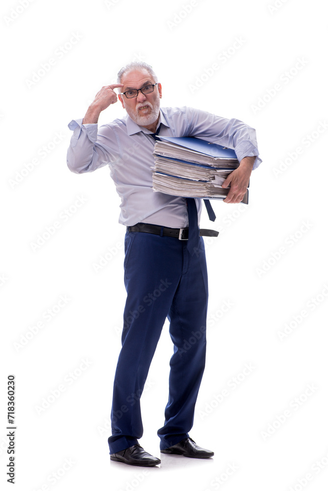 Old businessman holding papers isolated on white