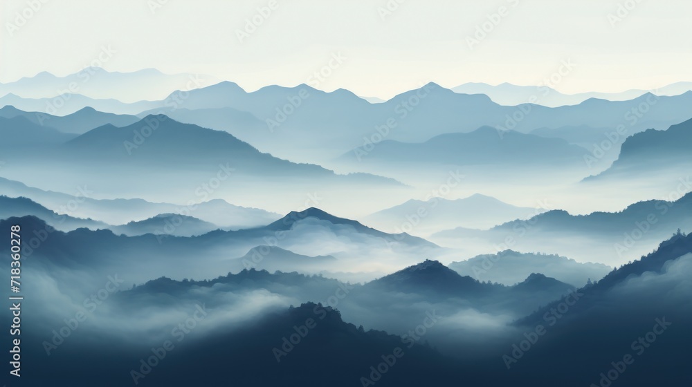  a view of a mountain range in the distance with fog in the foreground and a hazy sky in the background.