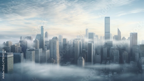  an aerial view of a city with skyscrapers in the foreground and a foggy sky in the background.