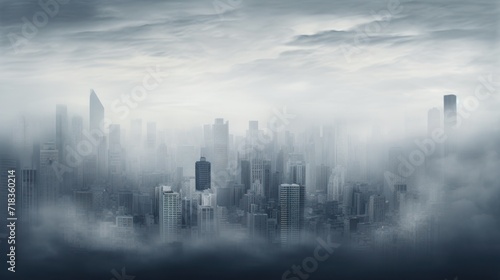  a foggy cityscape with skyscrapers in the foreground and a cloudy sky in the back ground.