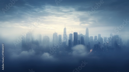  a view of a city in the distance with clouds in the foreground and a blue sky in the background. © Anna