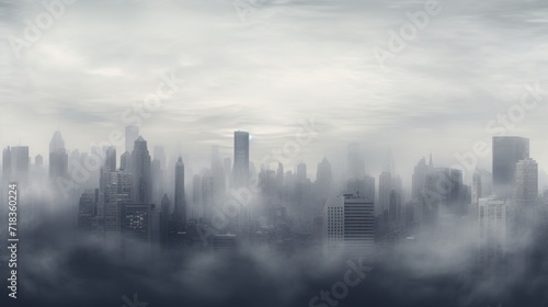  a foggy cityscape with skyscrapers in the foreground and a few clouds in the foreground.