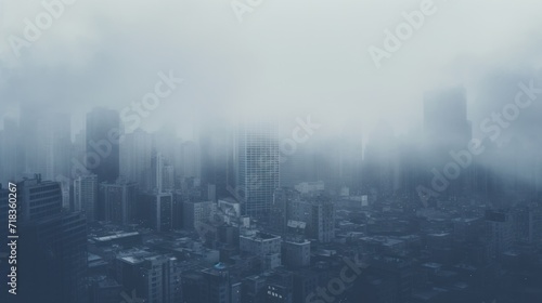  a foggy cityscape with tall buildings in the foreground and skyscrapers in the far distance in the foreground.