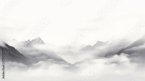  a black and white photo of a mountain range with clouds in the foreground and a white sky in the background.