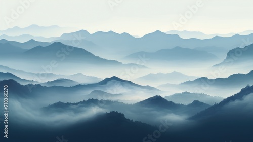  a view of a mountain range in the distance with fog in the foreground and a hazy sky in the background. © Anna