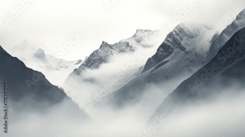 a black and white photo of a mountain range with low lying clouds in the foreground and fog in the foreground. © Anna