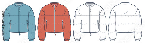 Unisex padded Jacket technical fashion Illustration. Cropped down Jacket fashion flat technical drawing template, pocket, front and back view, white, blue, orange, women, men, unisex CAD mockup set.