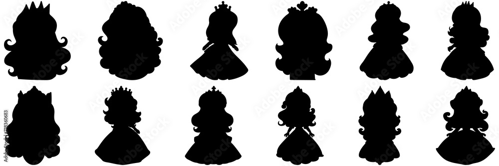 Princess girl silhouettes set, large pack of vector silhouette design, isolated white background. Princess girl silhouettes set, large pack of vector silhouette design, isolated white background.