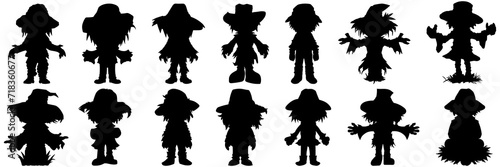 Scarecrow field farm silhouettes set, large pack of vector silhouette design, isolated white background.