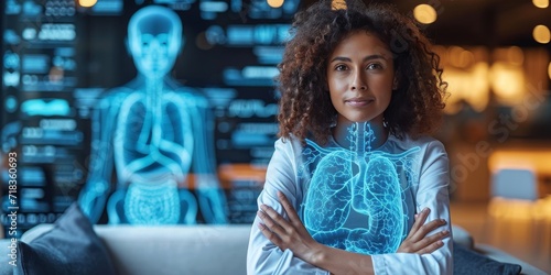 Futuristic Medical Professional with Crossed Arms Standing Before Interactive Holographic Visualization of Human Lungs and Anatomy, Generative AI