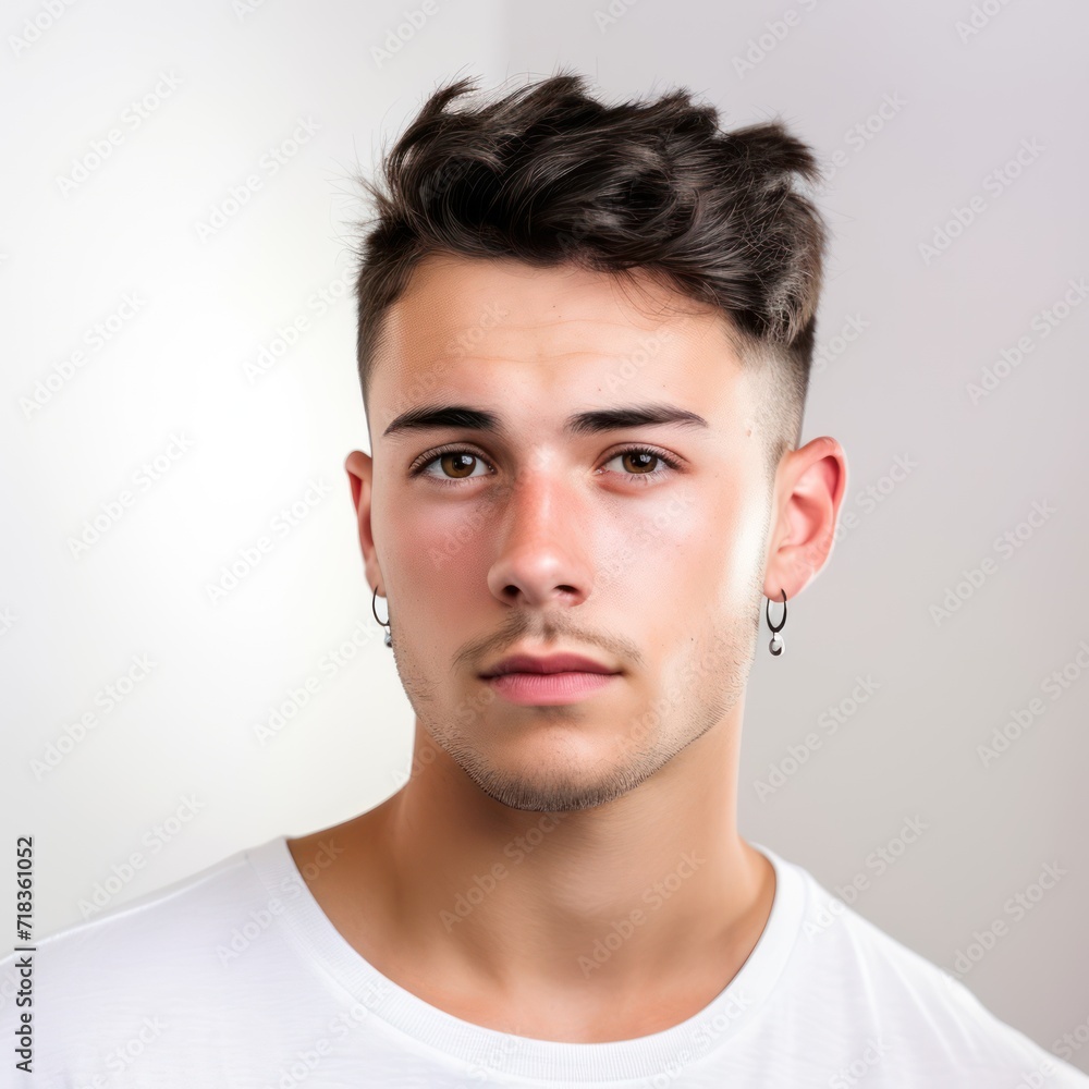 Obraz premium Beautiful model boy-man in a plain white studio, softly light. Suitable for diverse commercial projects