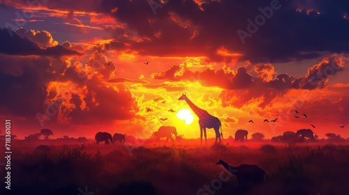 Silhouette of elephants and giraffes with sunset. Element of design. © Ibad