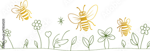 Bee in Flowers  Line Art Vector Illustration  Pollination Graphic  Honeybee with Blossoms Drawing  Insect and Flower Outline Art  Springtime Bee  Garden Pollinator  Organic Pollination
