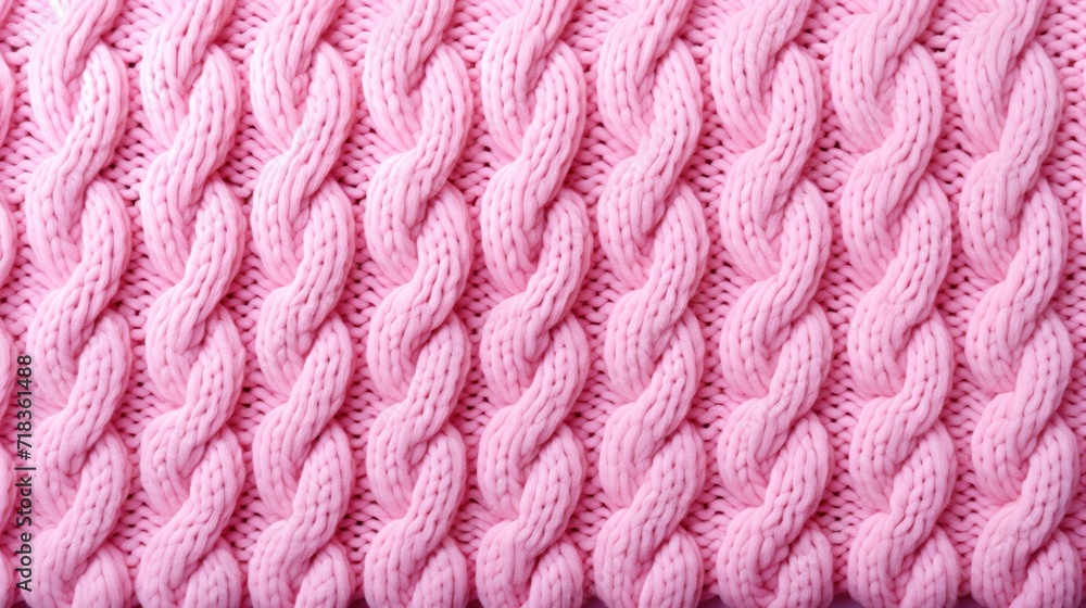 a pink knitted blanket sitting on top of a wooden table next to a white tablecloth on top of a wooden table. a pink knitted blanket sitting on top of a wooden table next to a white tablecloth on top of a wooden table.