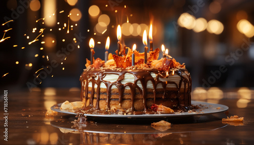 Birthday cake with chocolate icing, candle flame, and strawberry decoration generated by AI
