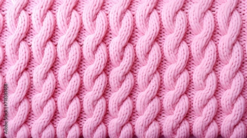  a pink knitted blanket sitting on top of a wooden table next to a white tablecloth on top of a wooden table.