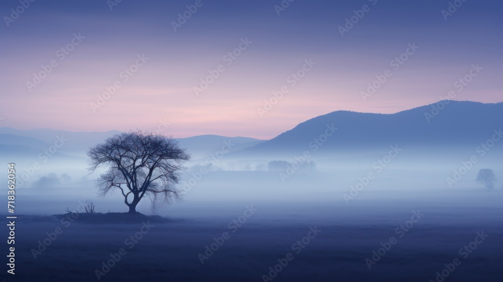 a lone tree stands in the middle of a foggy field with a mountain range in the distance in the distance. a lone tree stands in the middle of a foggy field with a mountain range in the distance in the distance.
