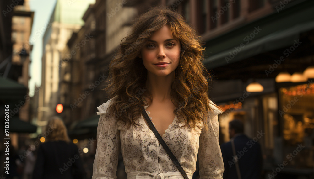Young woman with brown hair walking in the city generated by AI