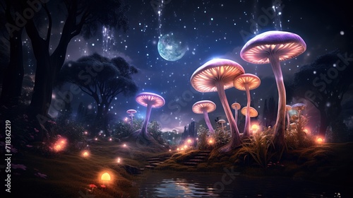  a group of mushrooms sitting on top of a forest under a sky filled with stars and a moon filled sky.