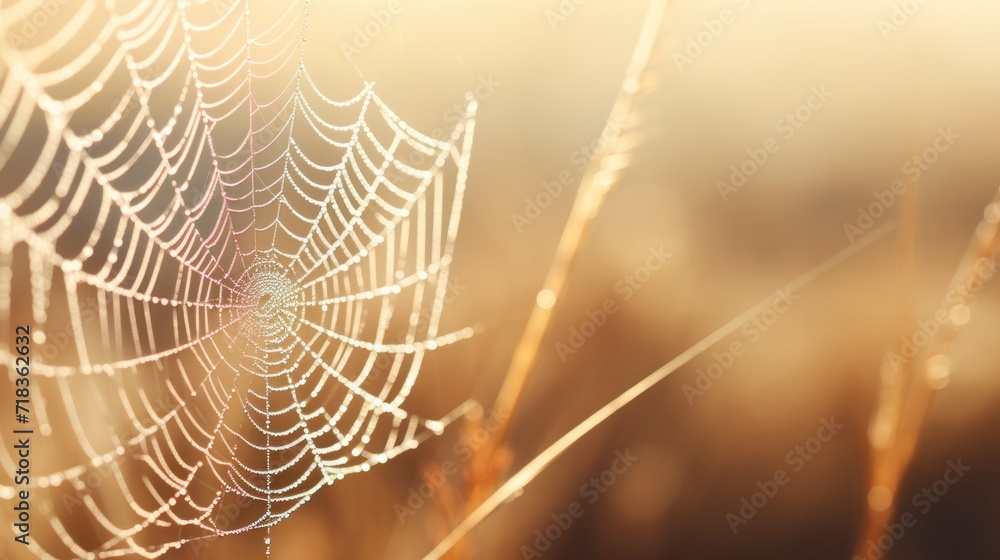  a close up of a spider's web on a plant with dew drops on the spider's web.