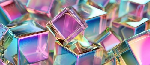 3d rendering Cubic holographic geometric shapes with glossy metallic reflection background.