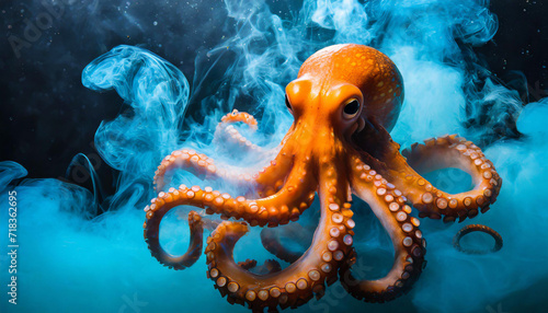 orange Octopus in blue smoke 