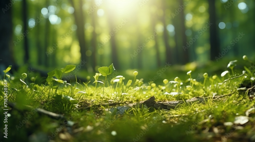 A tranquil, soft-focus background depicting green trees and wild grass in a forest, bathed in the gentle sunbeams of early summer. green grass in the morning