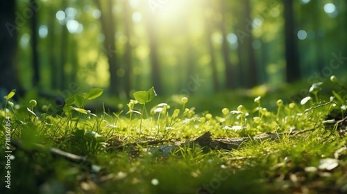 A tranquil, soft-focus background depicting green trees and wild grass in a forest, bathed in the gentle sunbeams of early summer. green grass in the morning