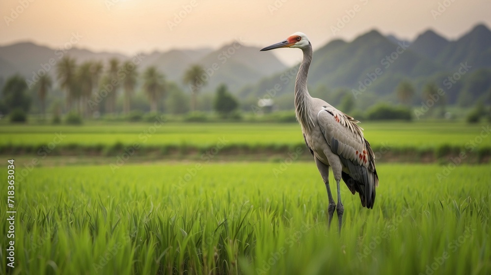 Crane at green paddy field 