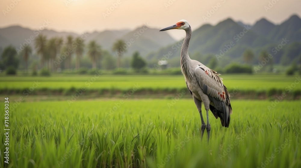 Fototapeta premium Crane at green paddy field 
