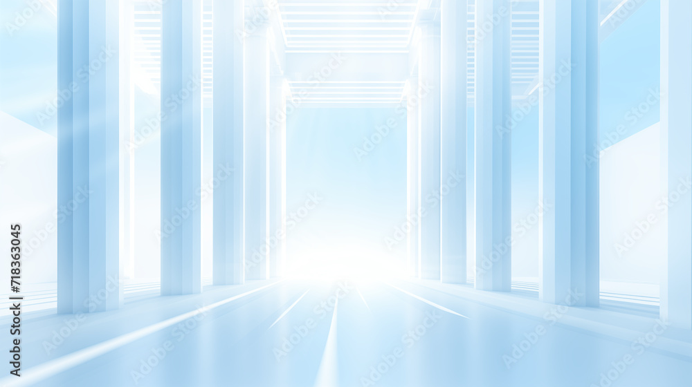 An image of an architectural symmetrical structure in the form of columns in white and blue tones with receding perspective and ideal rhythms. Generative AI An image of an architectural symmetrical structure in the form of columns in white and blue tones with receding perspective and ideal rhythms. Generative AI