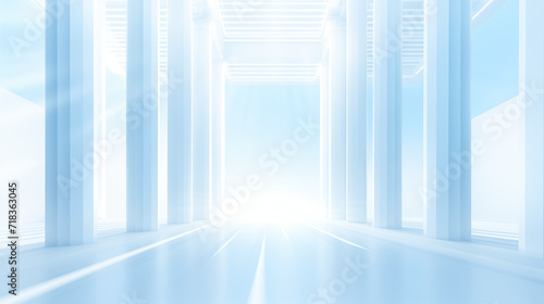 An image of an architectural symmetrical structure in the form of columns in white and blue tones with receding perspective and ideal rhythms. Generative AI